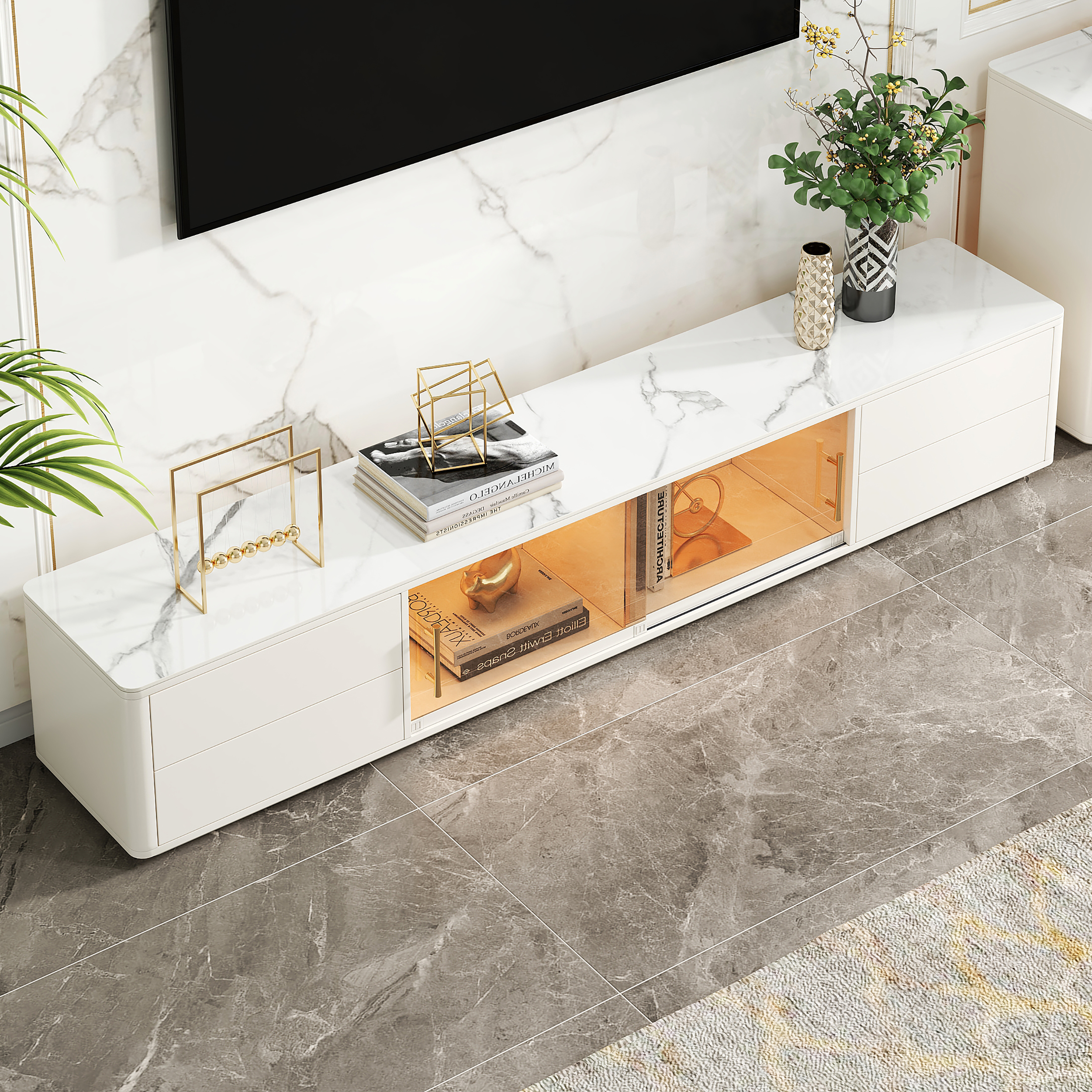2200mm White Wood Rectangle TV Stand Sintered Stone Top 4-Drawer Glass Doors Cabinet