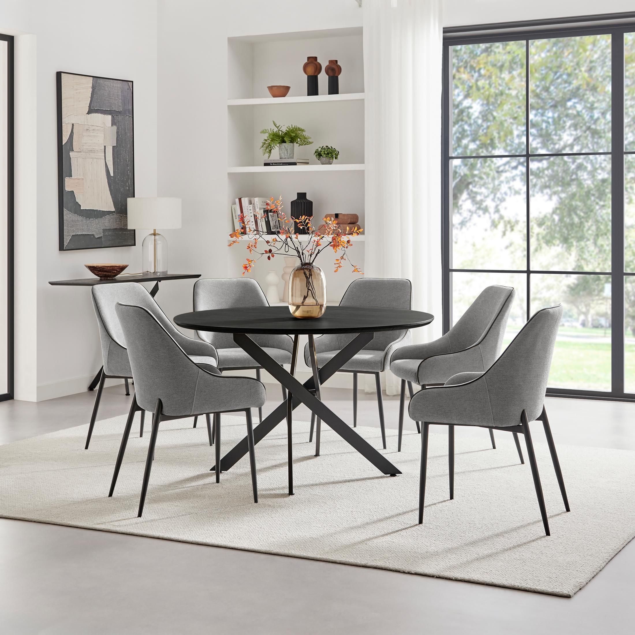 FurnitureboxUK Novara Black Top Dining Table & 6 Beaumont Fabric Chairs in Grey