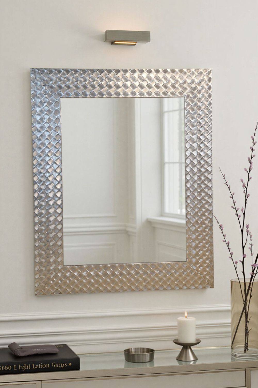 Yearn Mirrors Hammered Silver Framed Bevelled Mirror in Metallic Silver