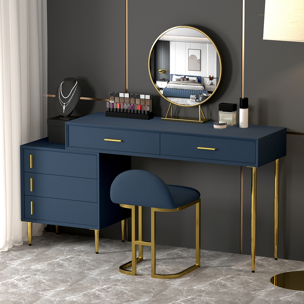 Modern Blue Dressing Table with Chair Retracted Dressing Table Cabinet & Stool & Mirror Included