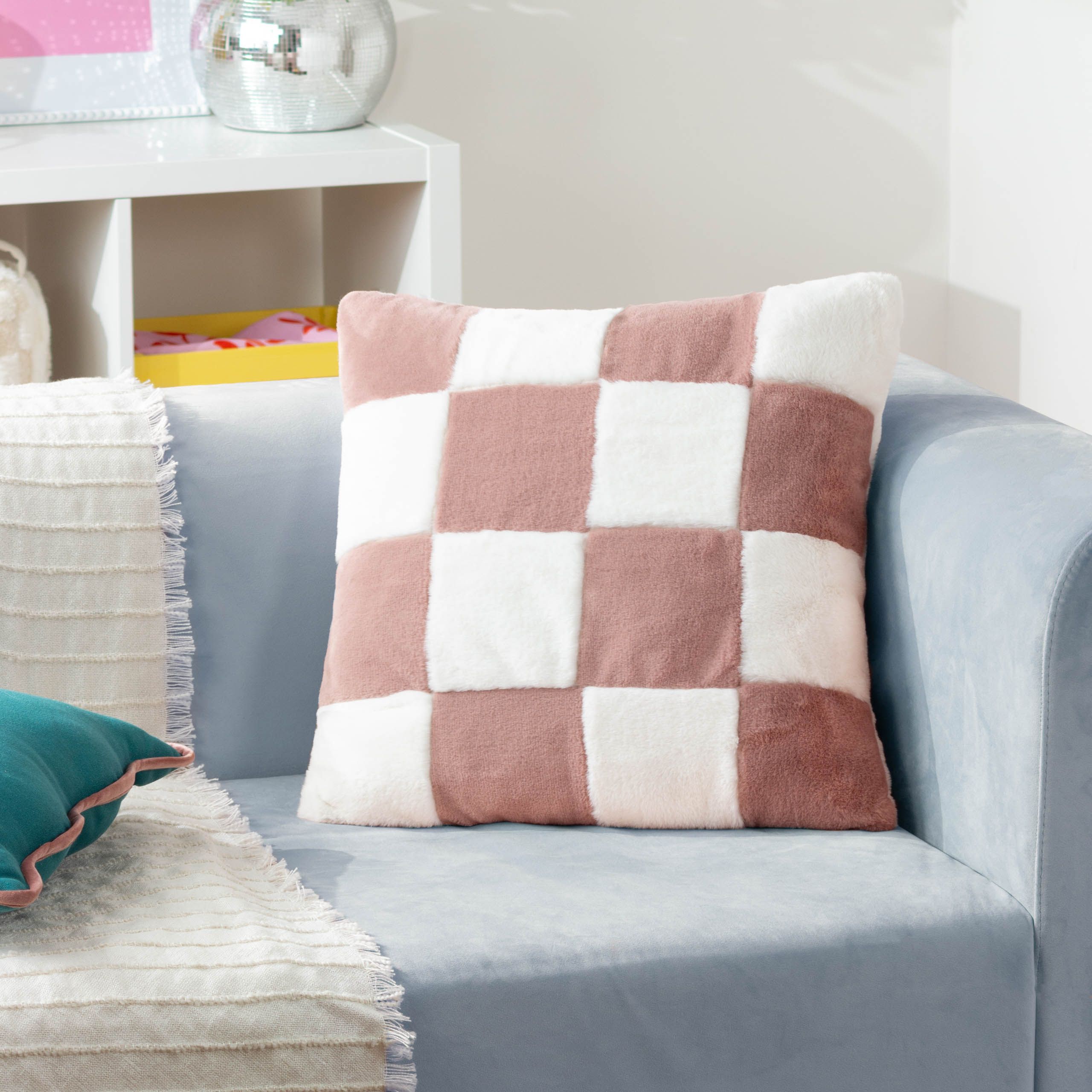 Heya Home Cozee Check Faux Fur Cushion in Pink