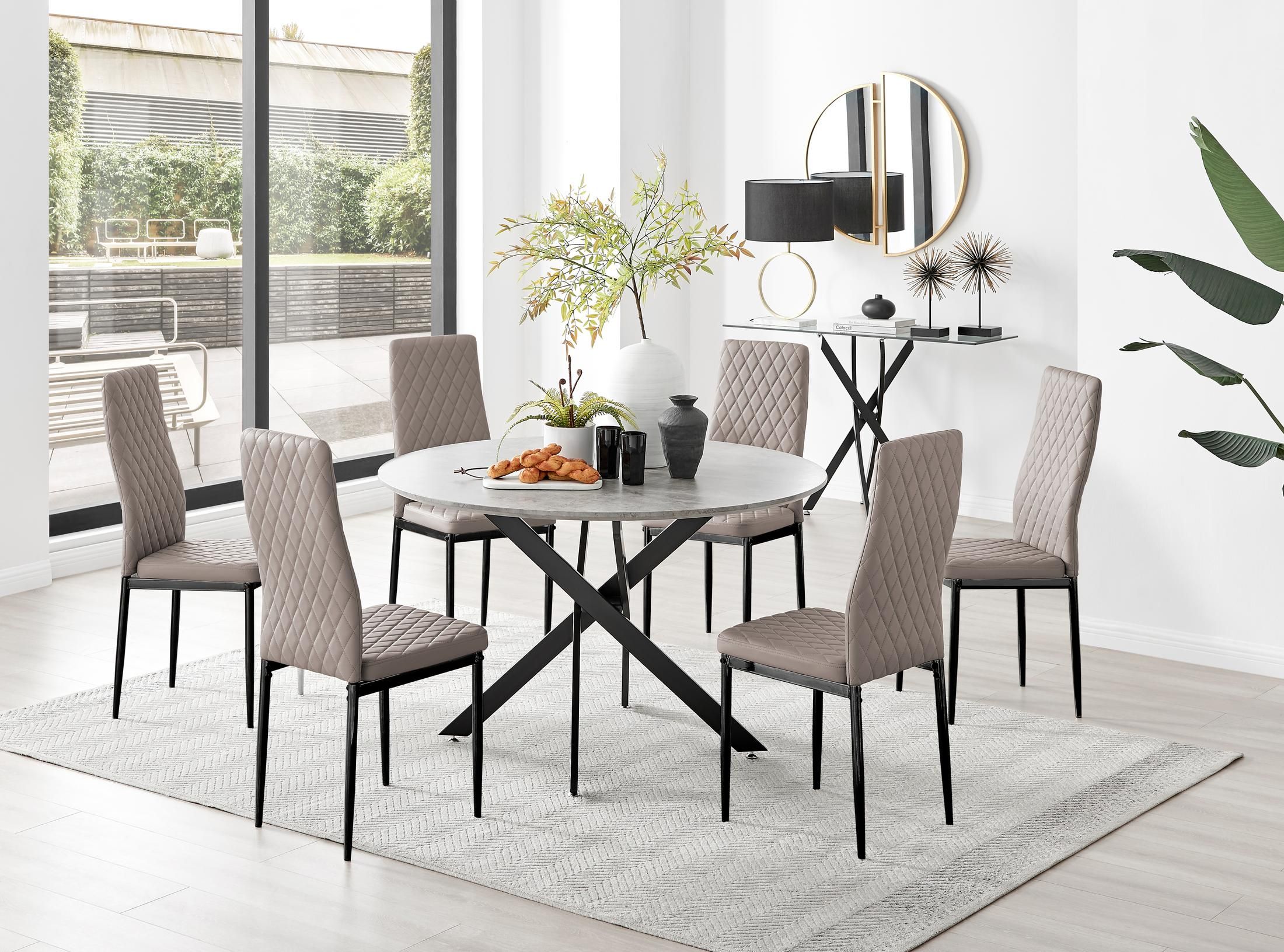 FurnitureboxUK Novara Grey Concrete Effect Black Leg 120cm Round Dining Table & 6 Milan Black Leg Chairs in Beige