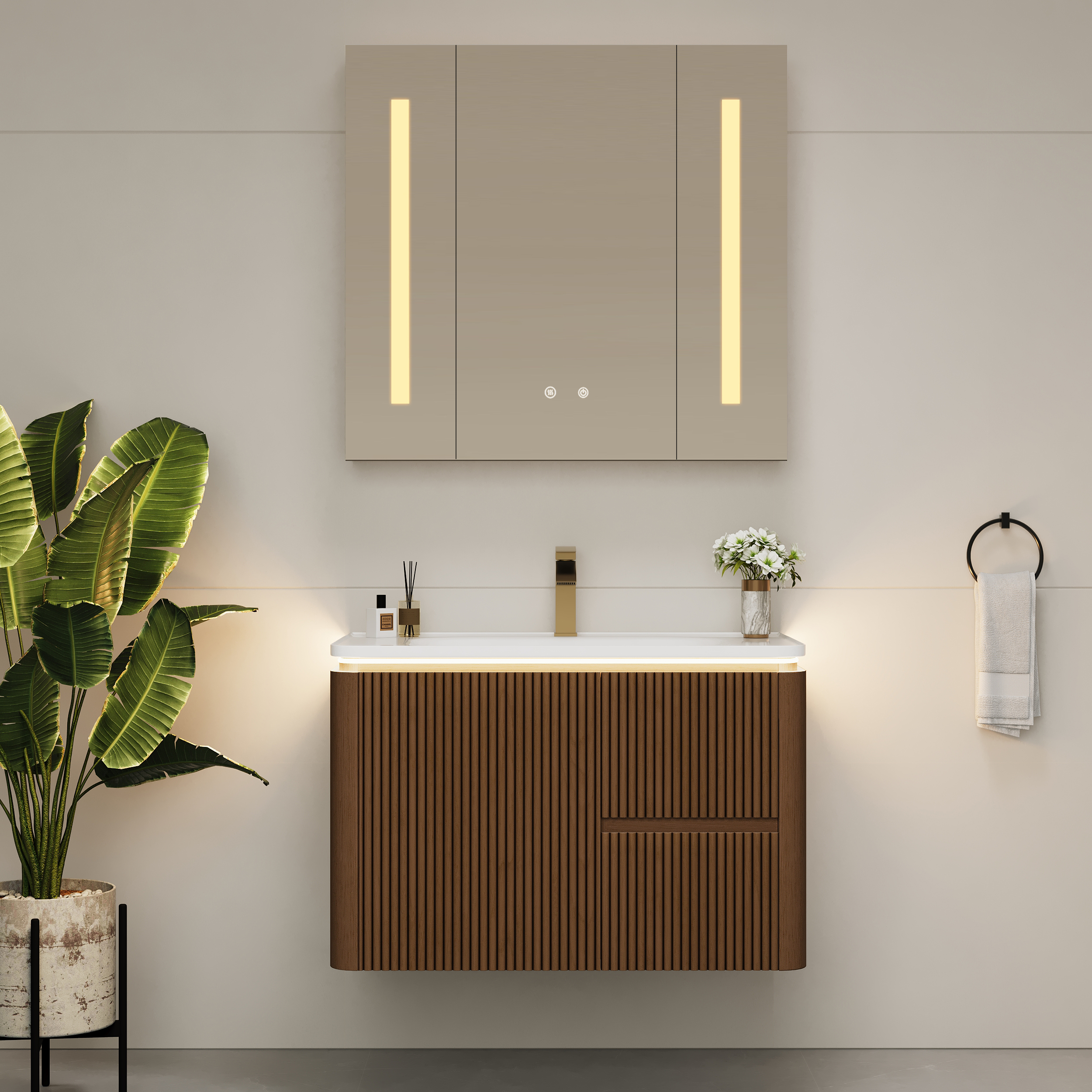Modern 32" Floating Fluted Bathroom Vanity with Sink, Soft LED, Ample Storage