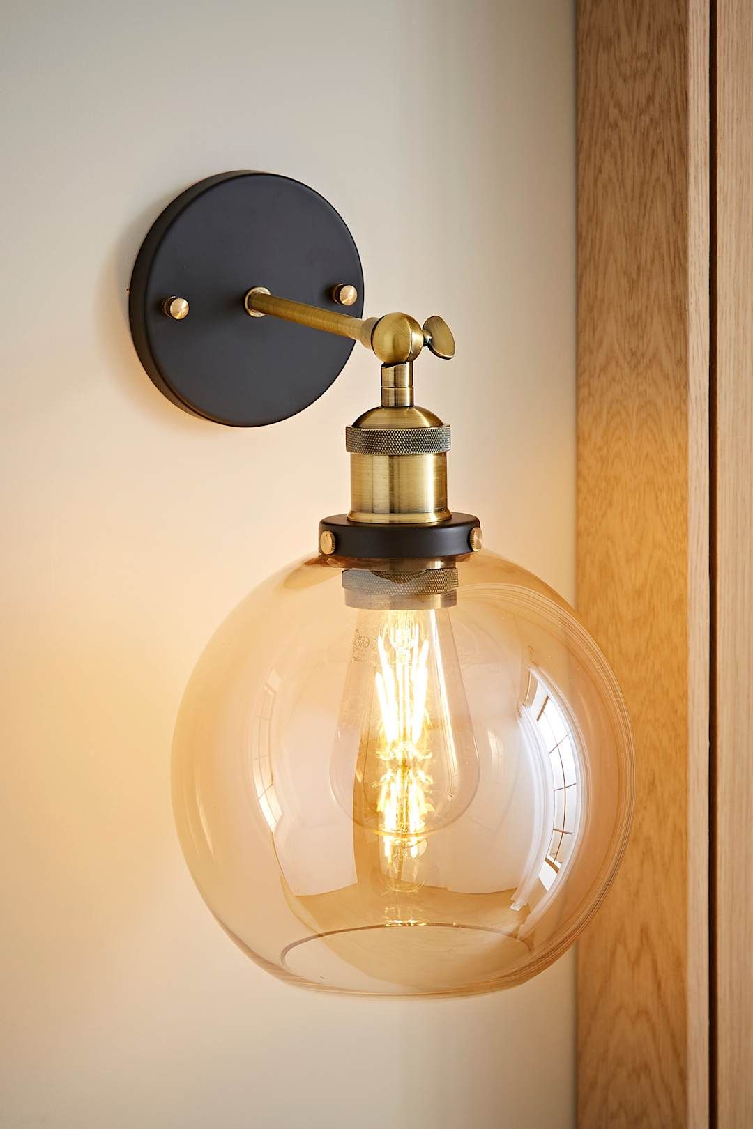 ValueLights Sheridan Industrial Clear Glass Bowl Gold Trim Black Wall Light in Orange