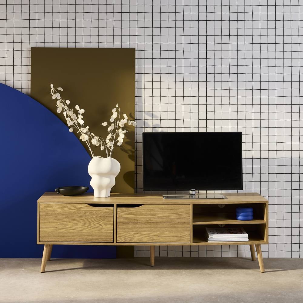 sweeek 160cm Vintage Tv Unit Wooden Effect 2 Doors in Light Grey