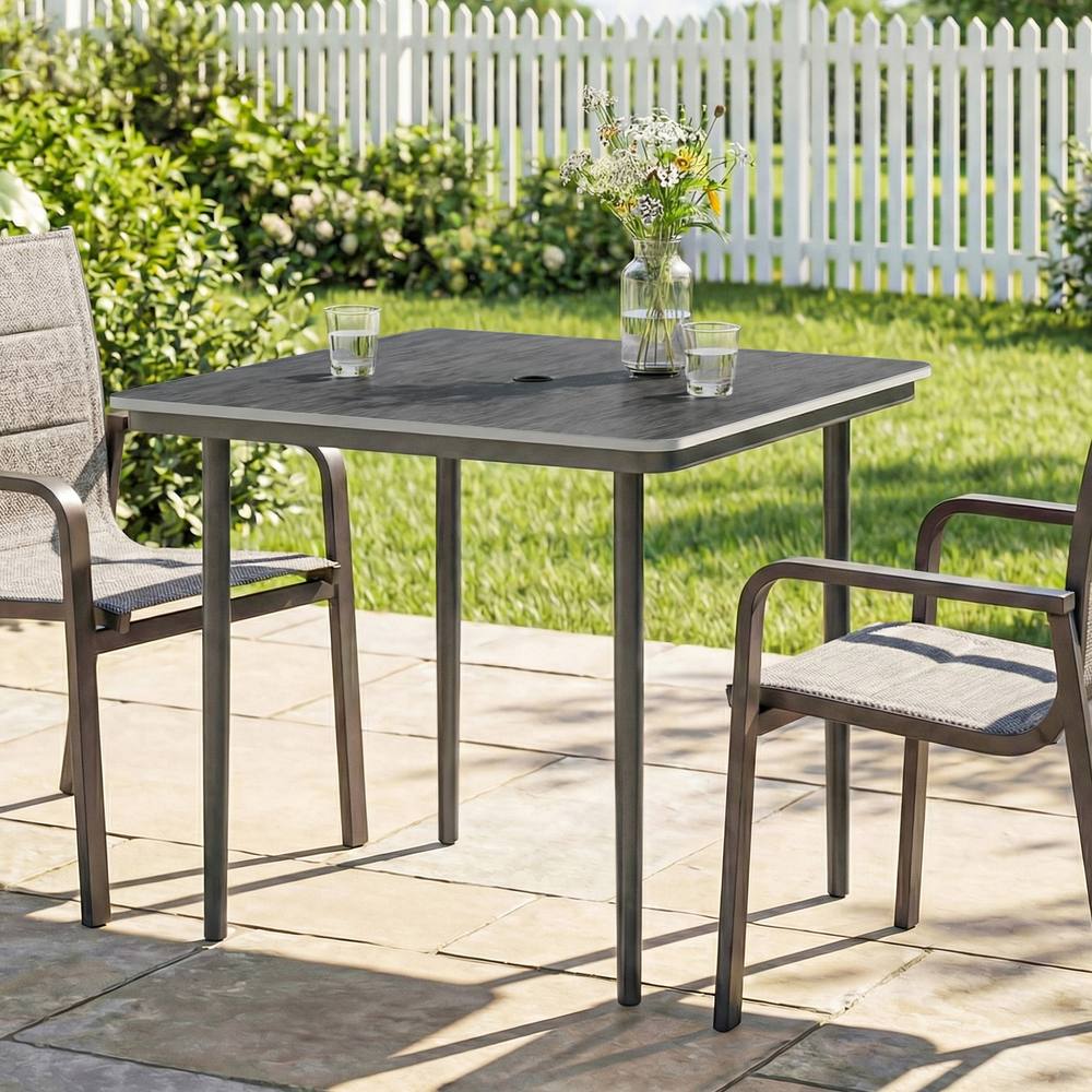 OUTSUNNY Garden Dining Table, Outdoor Table with Umbrella Hole in Dark Grey