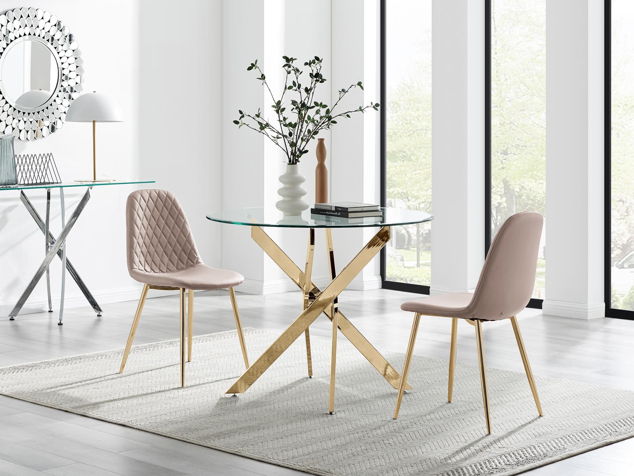 FurnitureboxUK Novara 100cm Round Gold Leg Dining Table & 2 Corona Gold Chairs in Beige