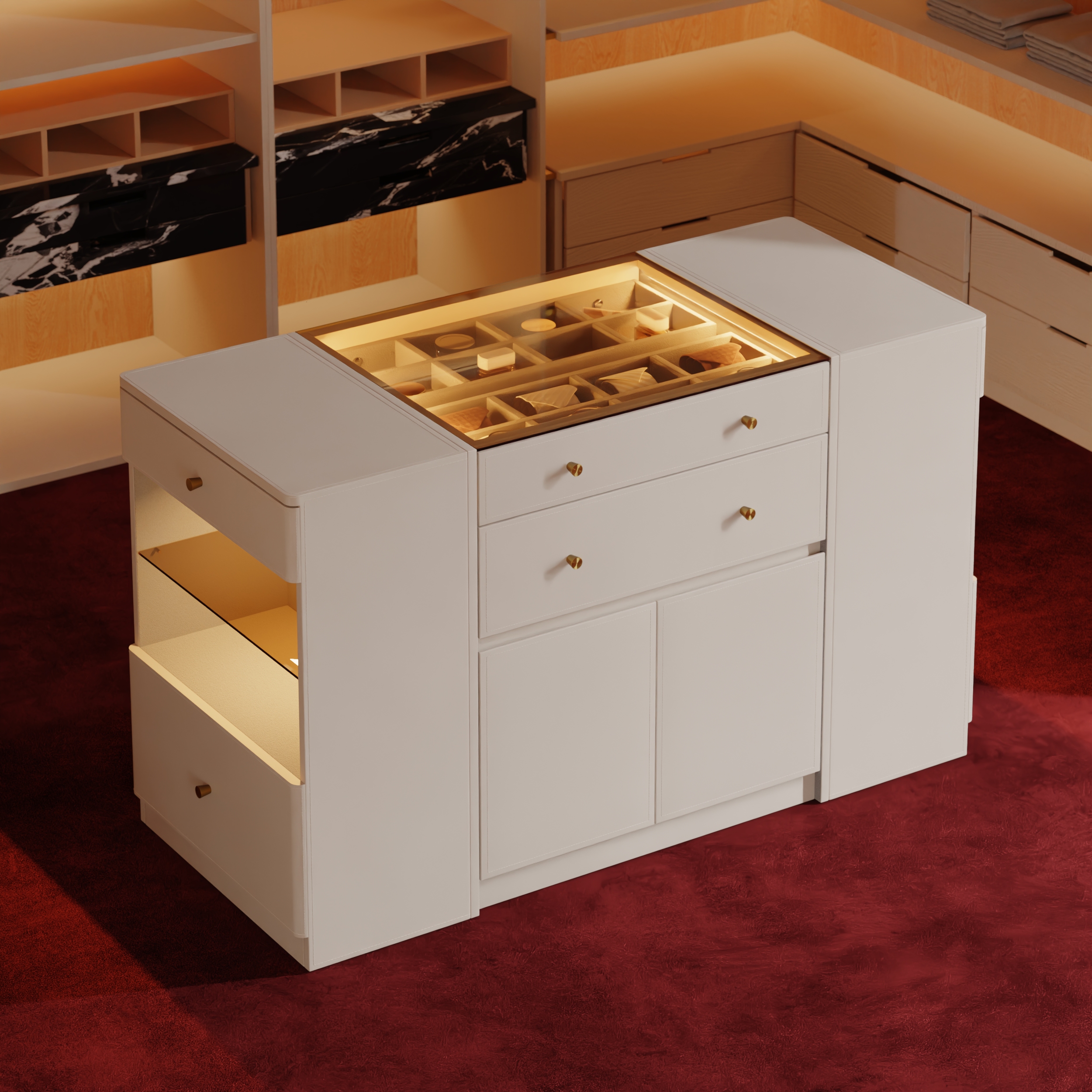 Leather Glass Selvo Saddle Top Wardrobe Island with Storage, Light and Jewellery Display