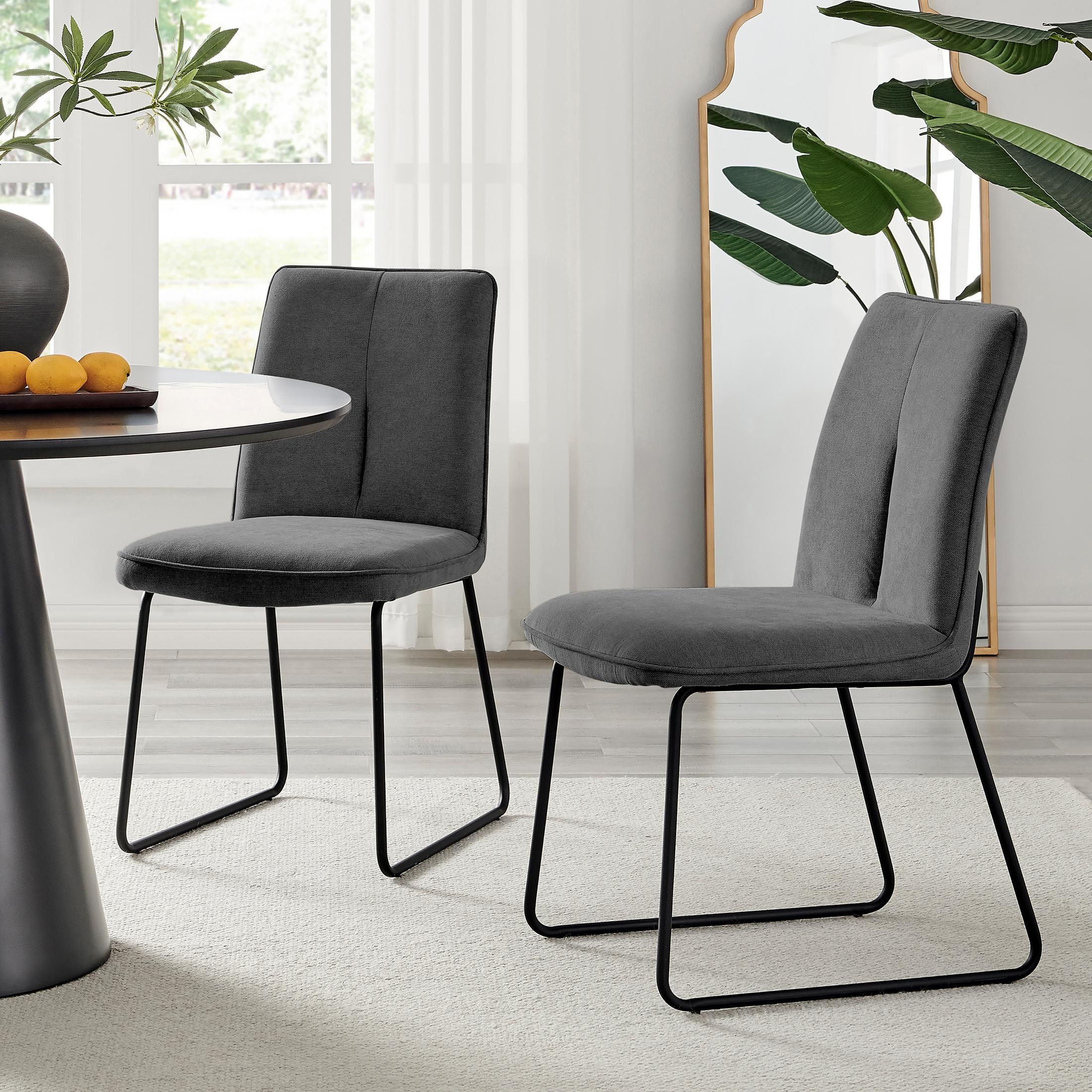 FurnitureboxUK Set of 2 Modern Chic Deep Padded Soft & Durable Stitched Fabric & Black Powder Coated Metal Leg Dining Chairs in Dark Grey