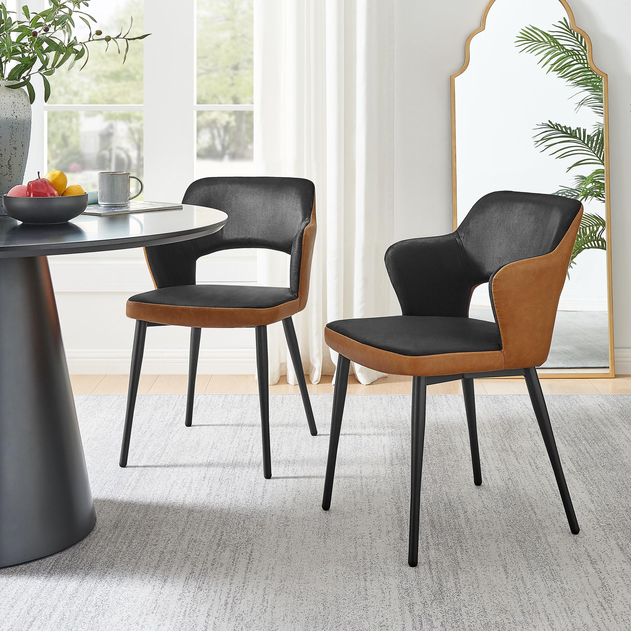 FurnitureboxUK Kai 2x Black Velvet Tan Faux Leather Black Leg Dining Chair