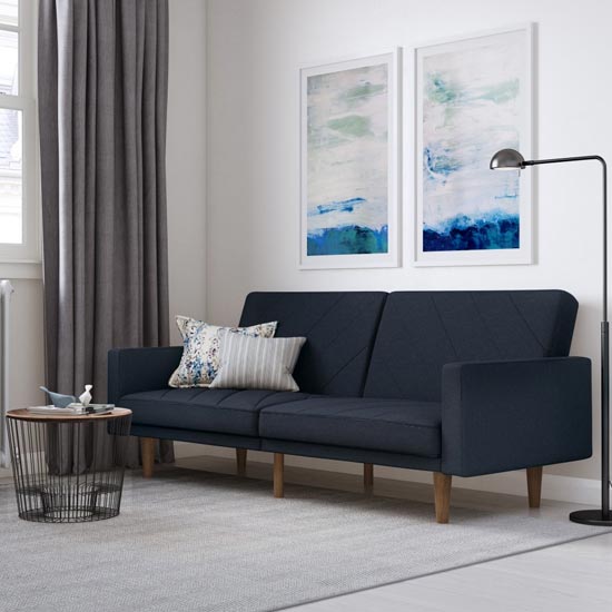 Paxson Linen Sofa Bed In Navy Blue With Wooden Feets