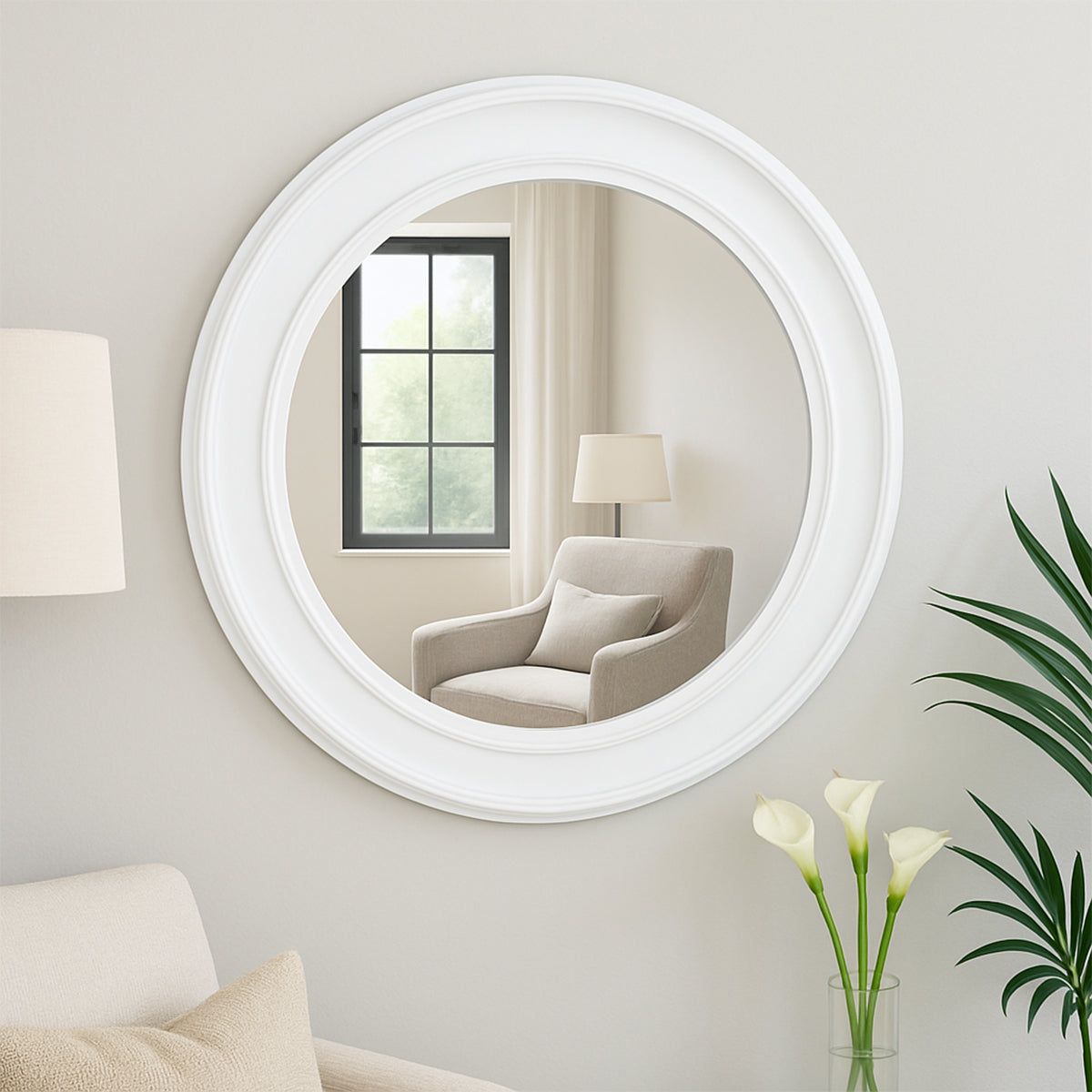Melody Maison Large Round Vintage White Wall Mirror 80cm X 80cm