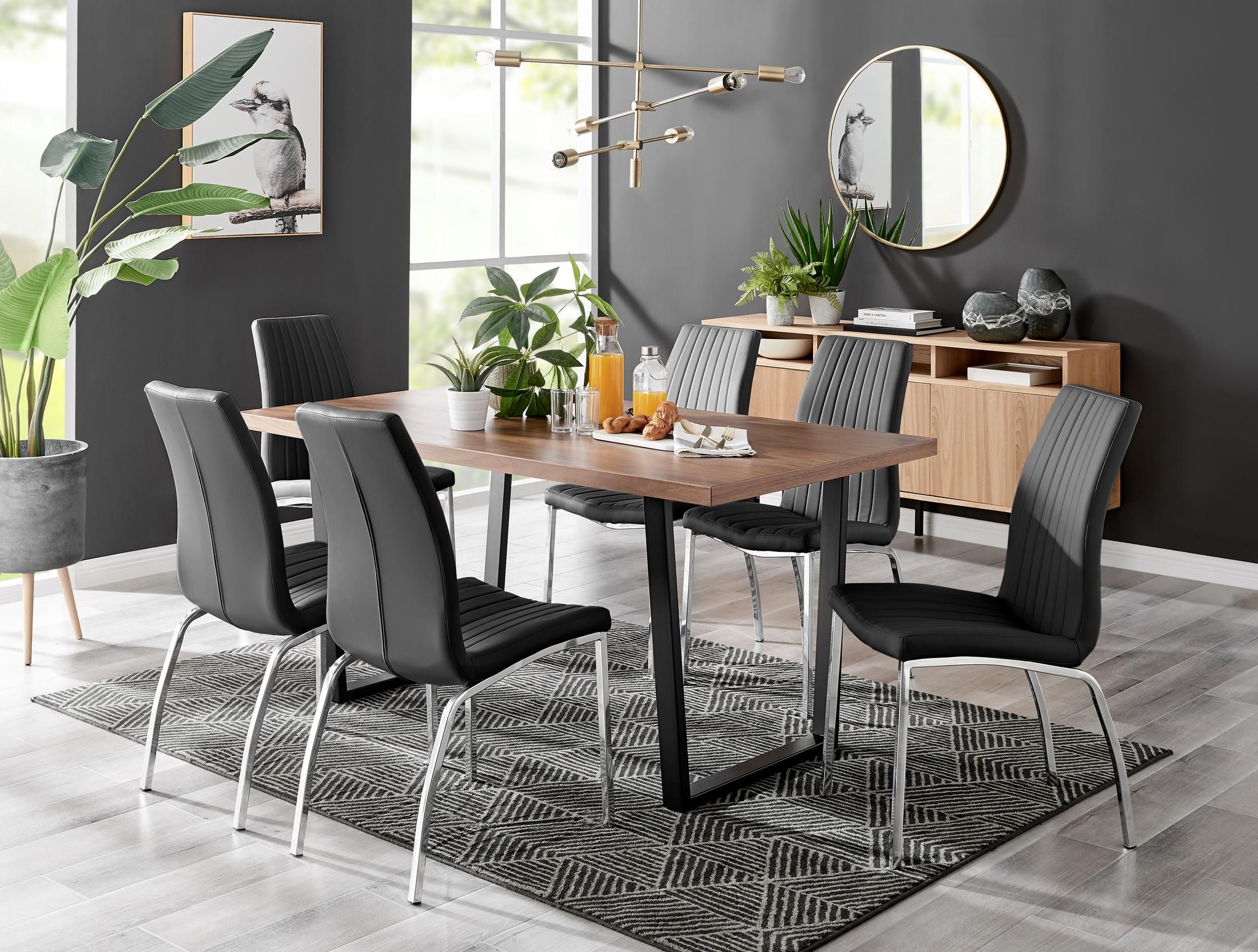 FurnitureboxUK Kylo Large Brown Wood Effect Dining Table & 6 Isco Faux Leather Chairs in Black