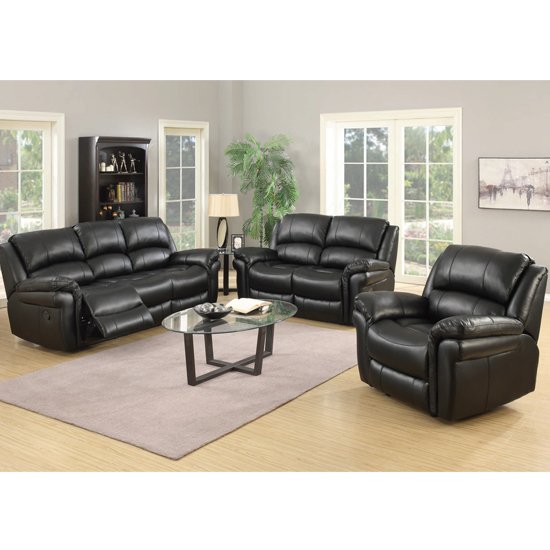 Lerna Leather 3 Seater Sofa And 2 Armchairs Suite In Black