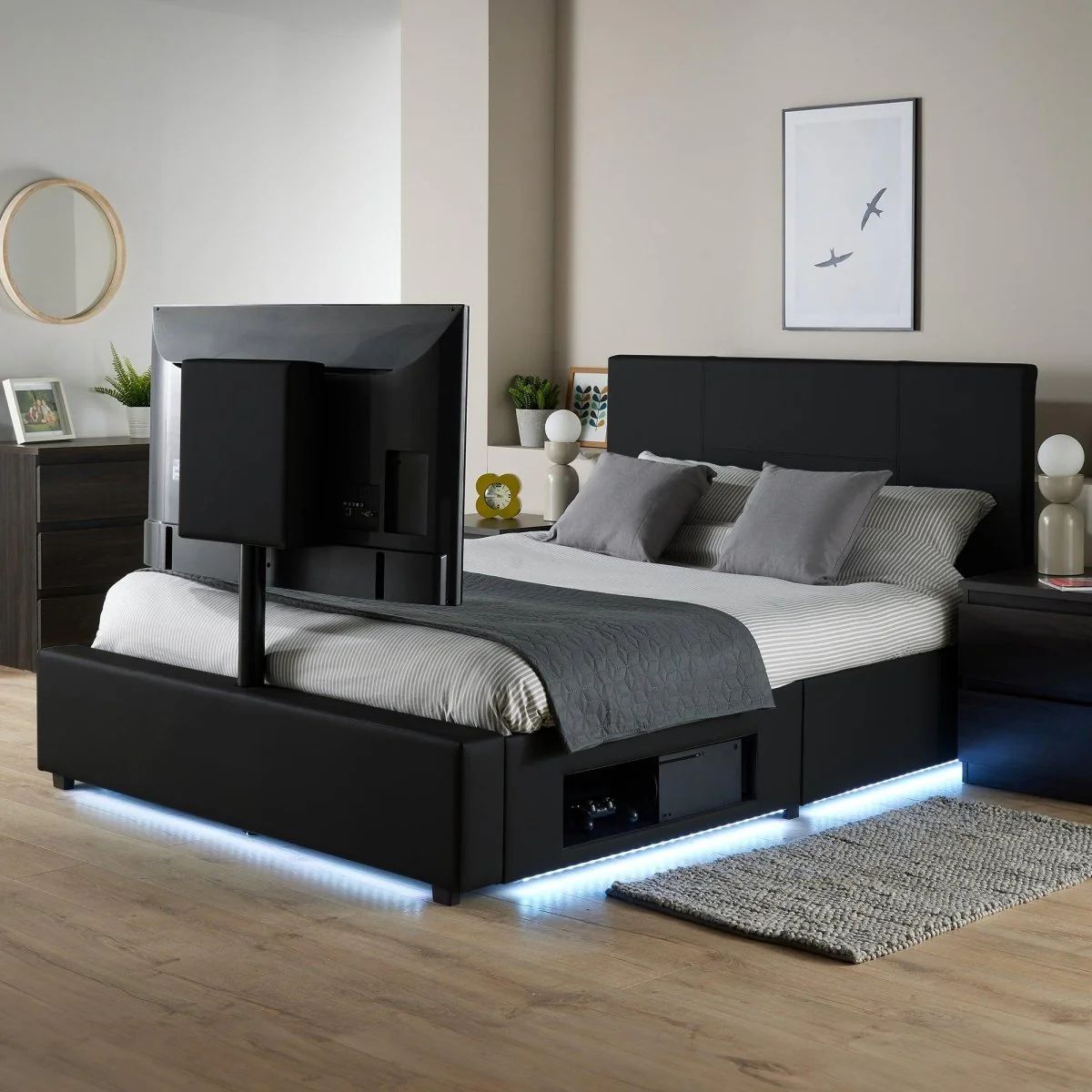 X Rocker AVA Upholstered TV Bed with Underbed Storage & LED Lights in Black