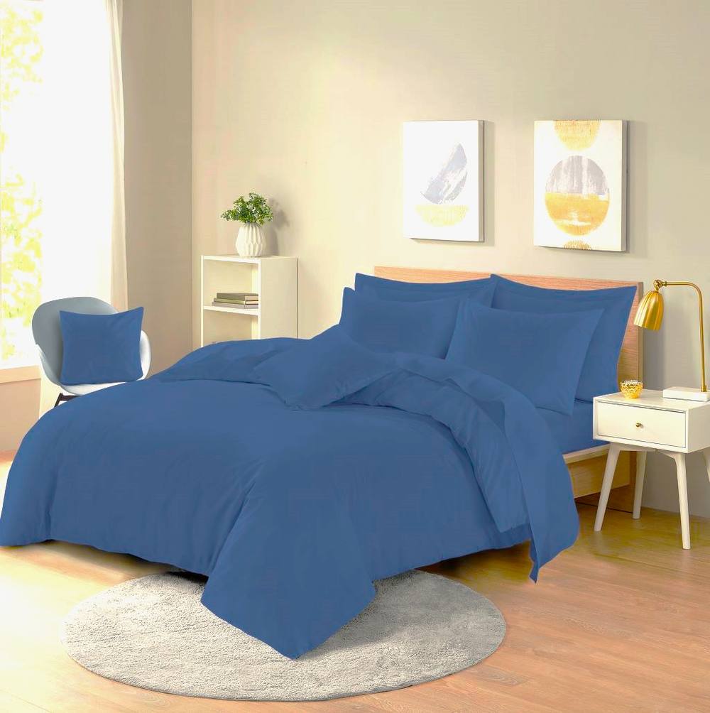 Homes-Linen Plain Dyed Polycotton Duvet Cover Set with Pillowcases in Mid Blue