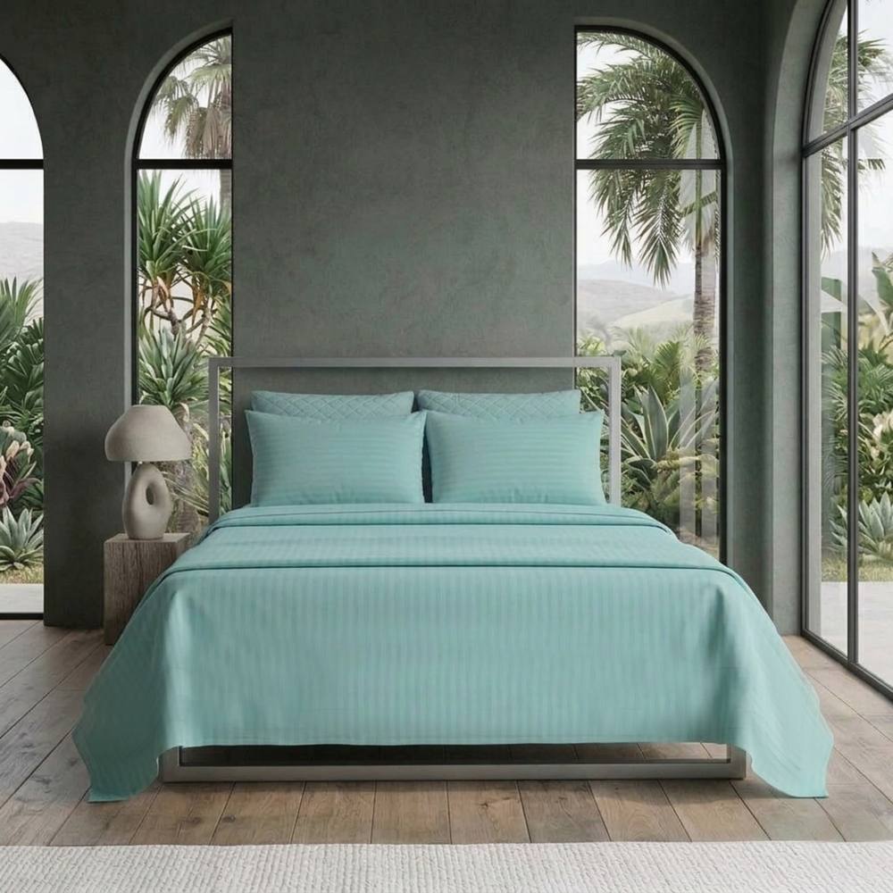 Snug City Luxury Satin Stripe T250 Cotton Rich Soft Flat Sheet Bed Linen in Aqua