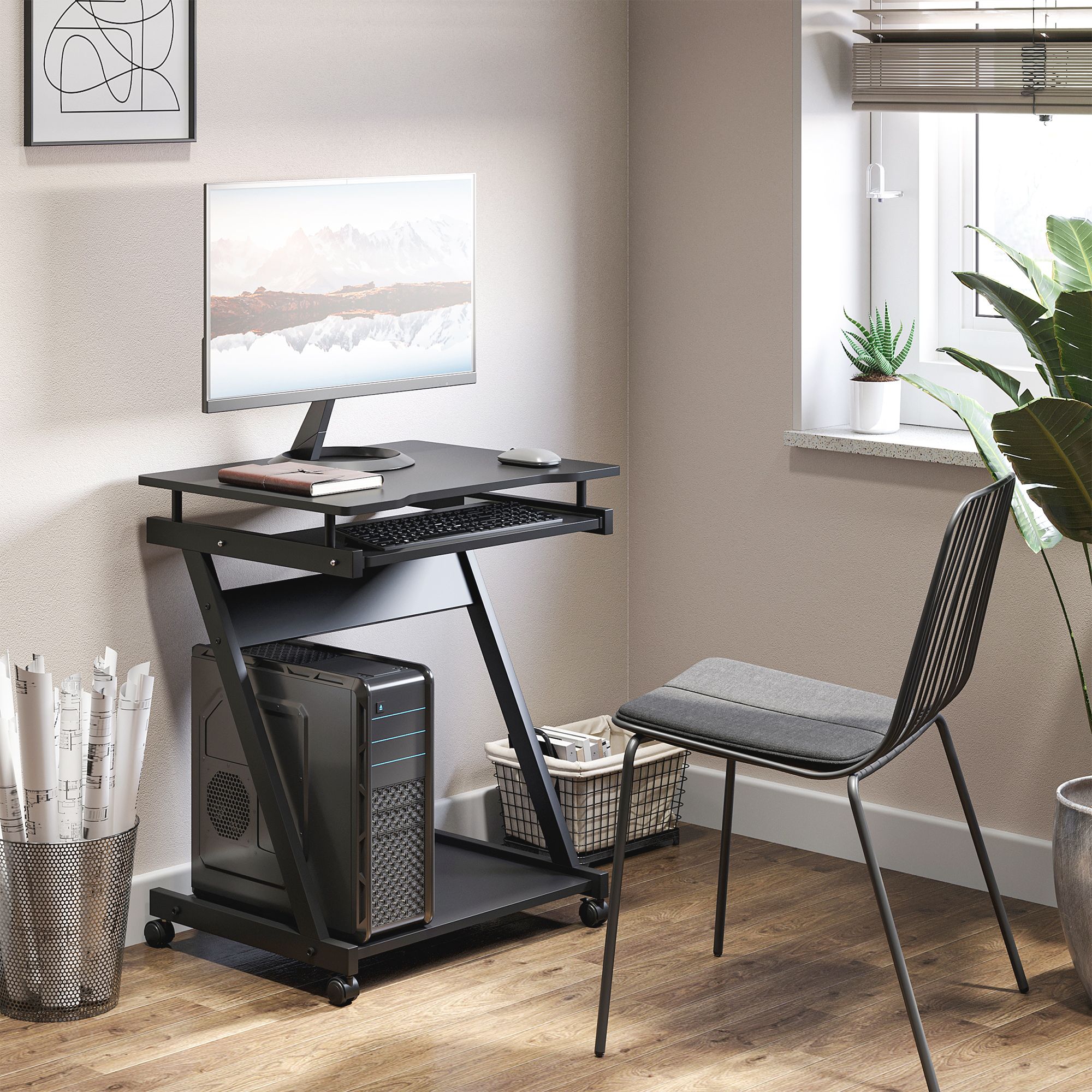 HOMCOM Movable Computer Desk with 4 Moving Wheels Sliding Keyboard Tray in Black