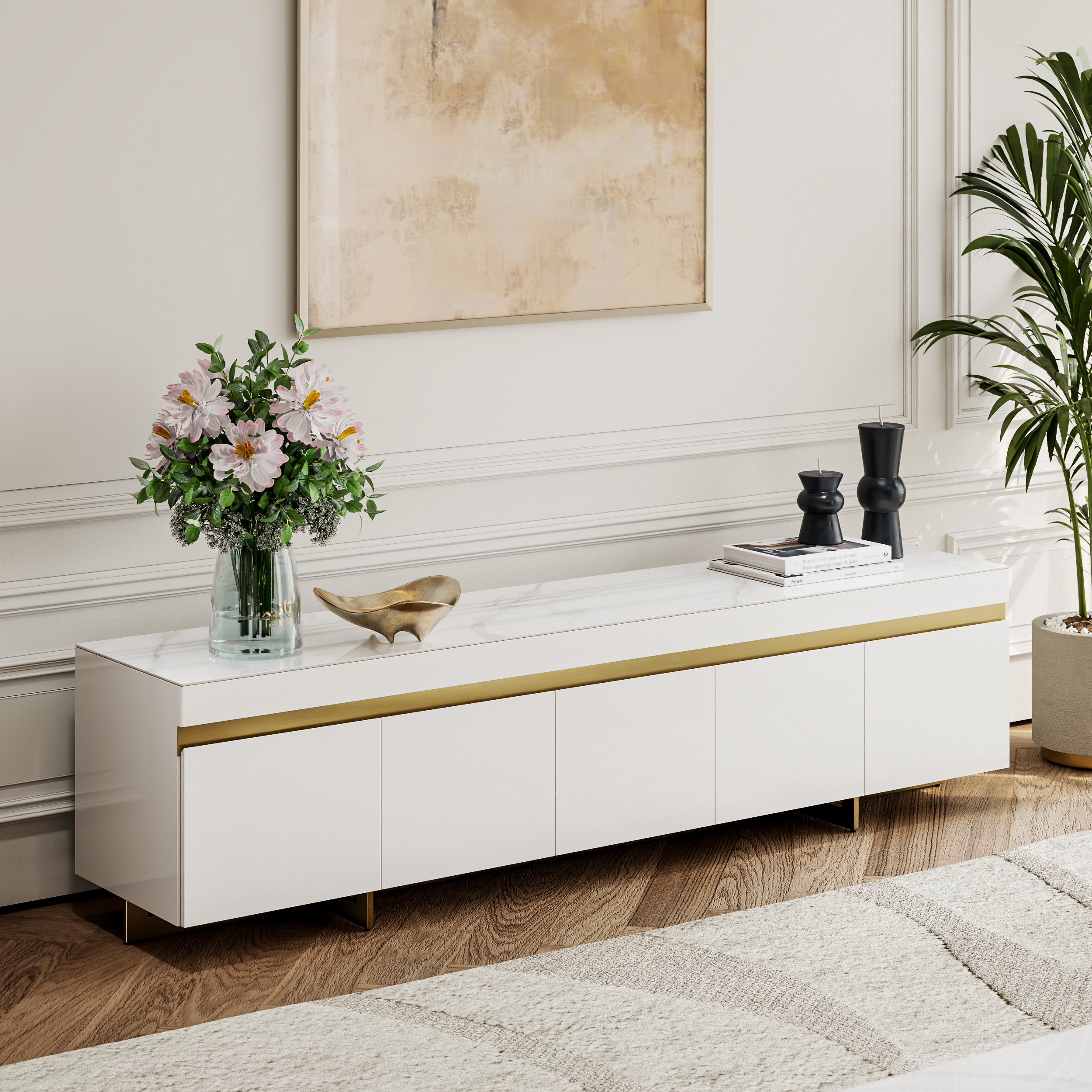 218 cm White Sintered Stone Top TV Stand with 4 Drawers