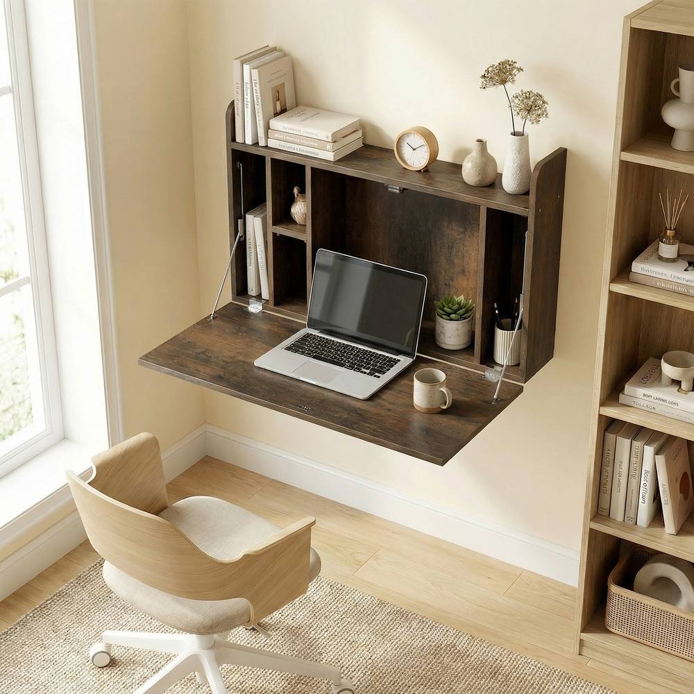 HOMCOM Wall Mounted Table w/ Space Saving Storage Compartments in Dark Brown