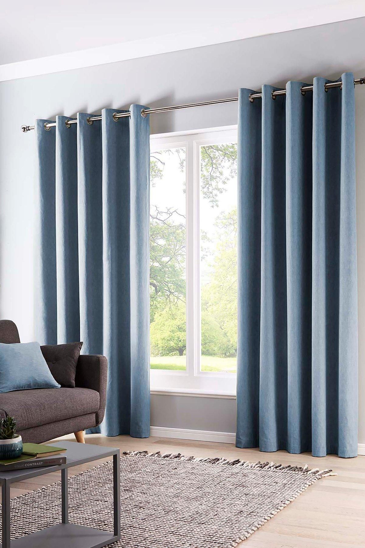 Fusion 'Sorbonne' 100% Cotton Light Filtering Plain Dyed Eyelet Curtains in Light Blue