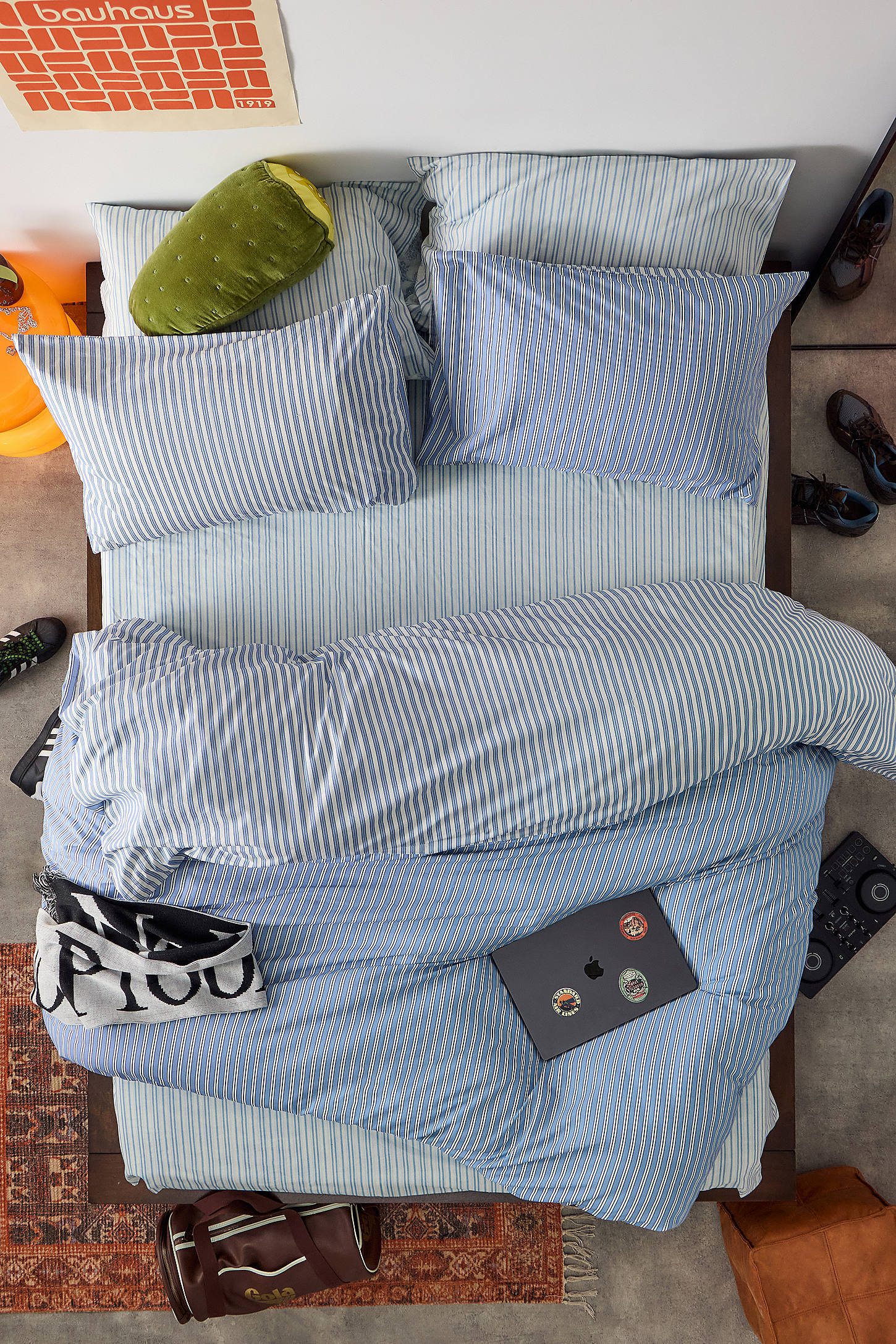 Blue Shirt Stripe Reversible Duvet Set - Blue