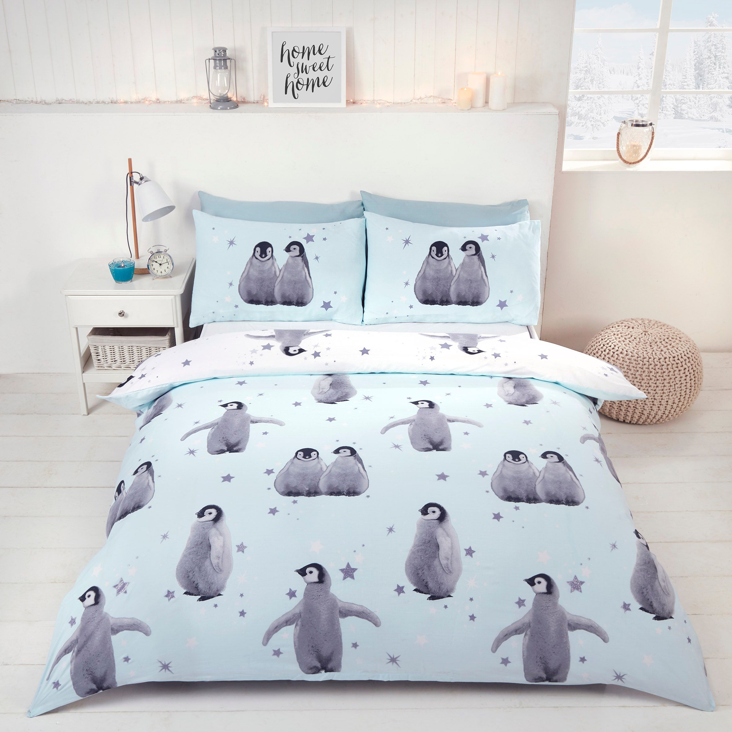 Rapport Home Starry Penguins Polycotton Duvet Cover Set With Pillowcase in White