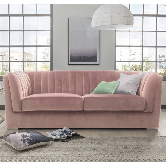 Flores Fabric 3 Seater Sofa In Pink Velvet With Chrome Legs