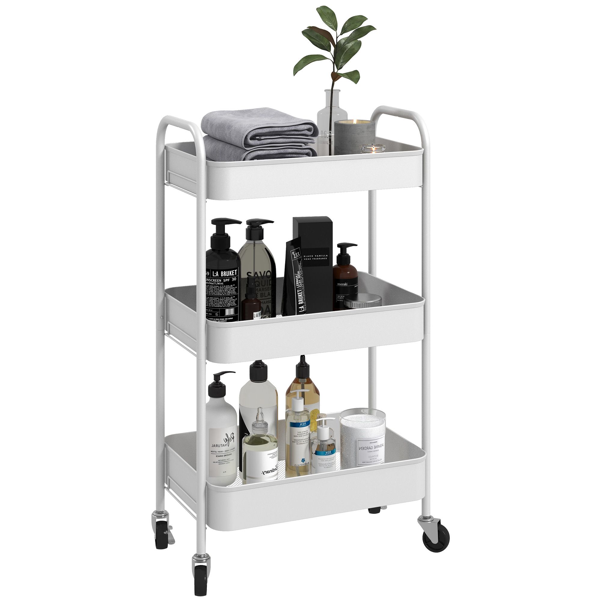 HOMCOM 3 Tier Rolling Utility Cart with 3 Mesh Basket, White 2