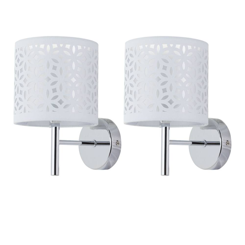 First Choice Lighting Set of 2 Brea - Chrome Wall Lights with White Cut Out Shade in Silver