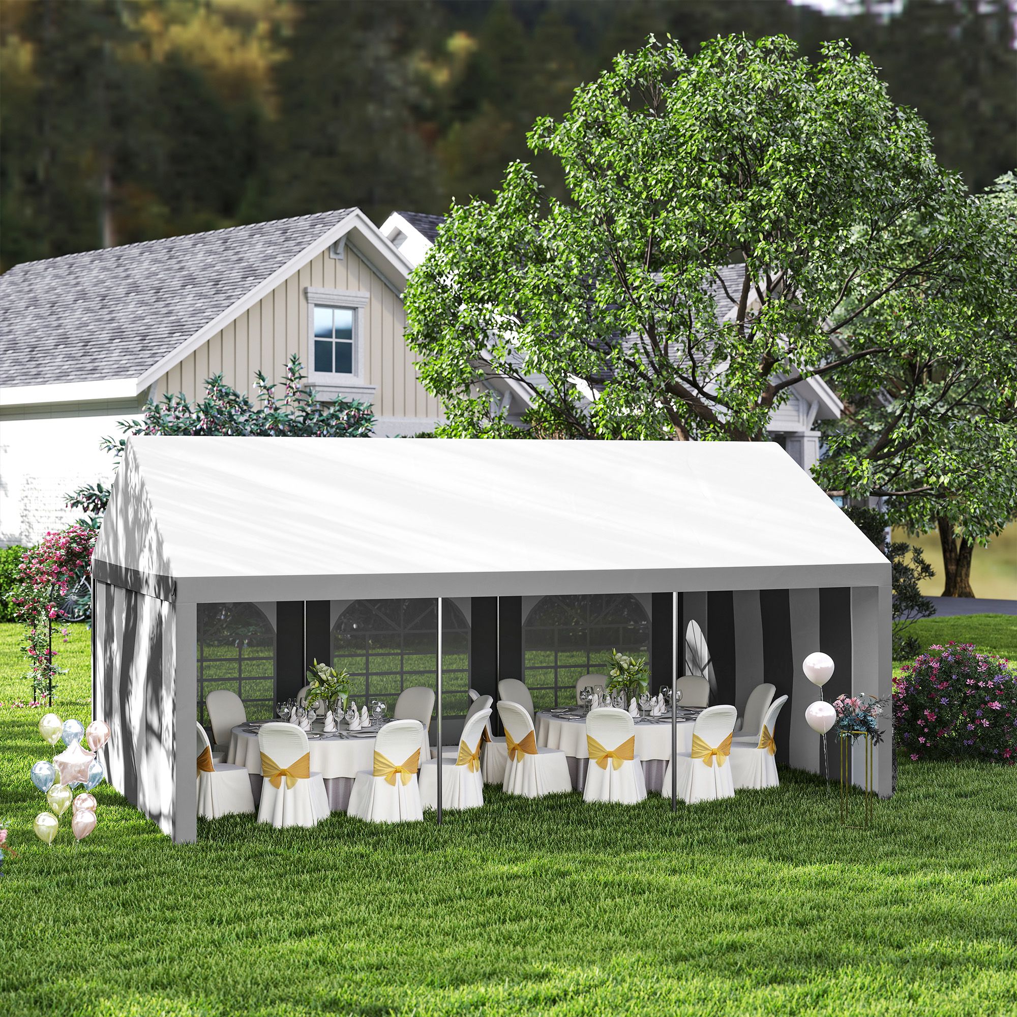 OUTSUNNY Party Tent, Marquee Gazebo with Sides, Windows & Double Doors in Grey