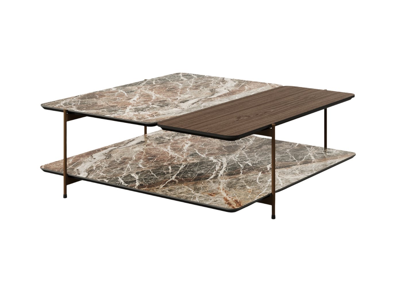 Paul Rogers Dua Stone/Wood Coffee Table Square Double Bronze Mountain Mat Walnut 70cm