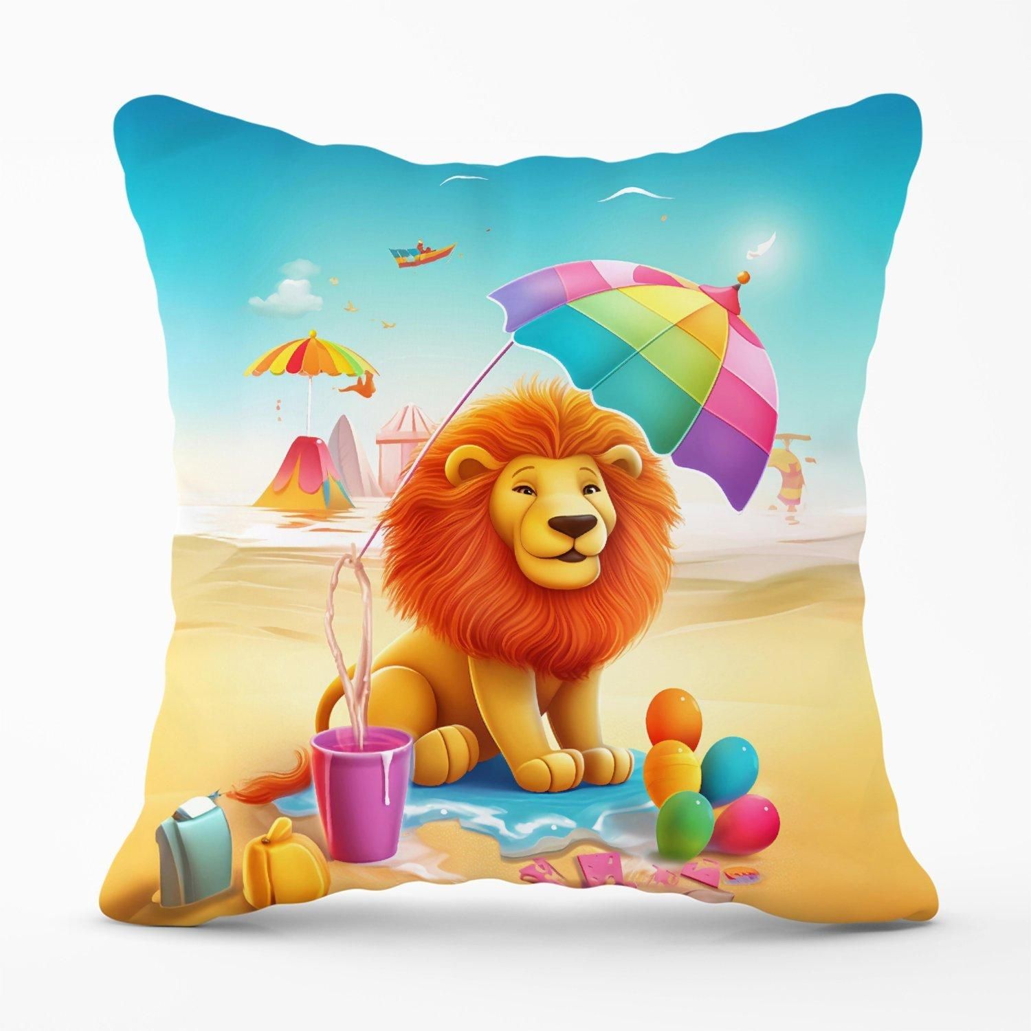 Warren Reed - Designer Lion On A Beach Holiday Outdoor Cushion in Yellow