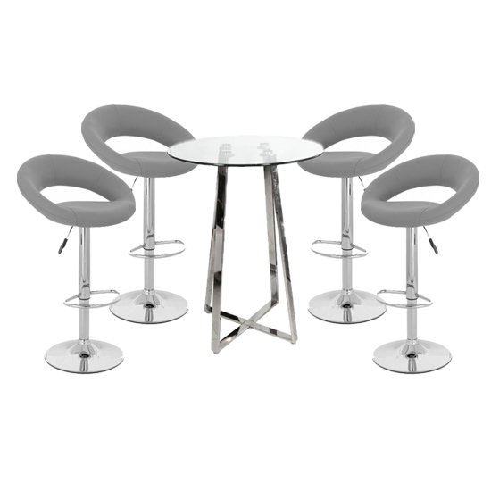 Poseur Glass Top Bar Table with 4 Leoni Grey Bar Stools