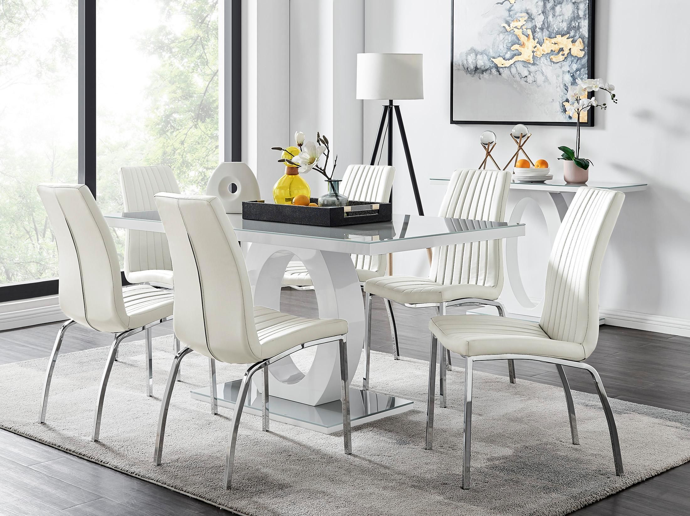 FurnitureboxUK Giovani 6-Seater Grey Glass Dining Table & 6 Isco Faux Leather Dining Chairs in White