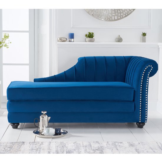 Laurn Velvet Right Facing Arm Lounge Chaise In Blue