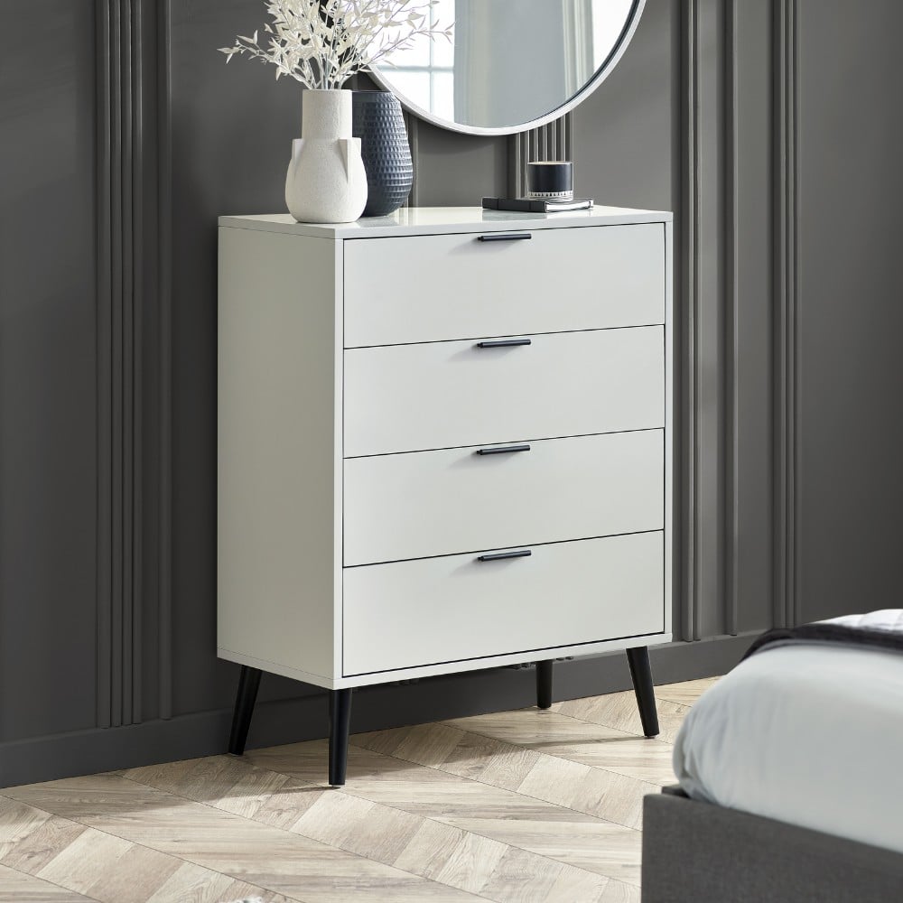 Alba – 4-Drawer Wide Chest of Drawers – Silk Grey – Lacquered MDF - Happy Beds