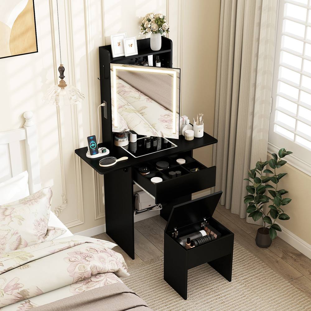 Costway Dressing Table & Stool Set Makeup Table w/LED Lights &Charging Station in Black
