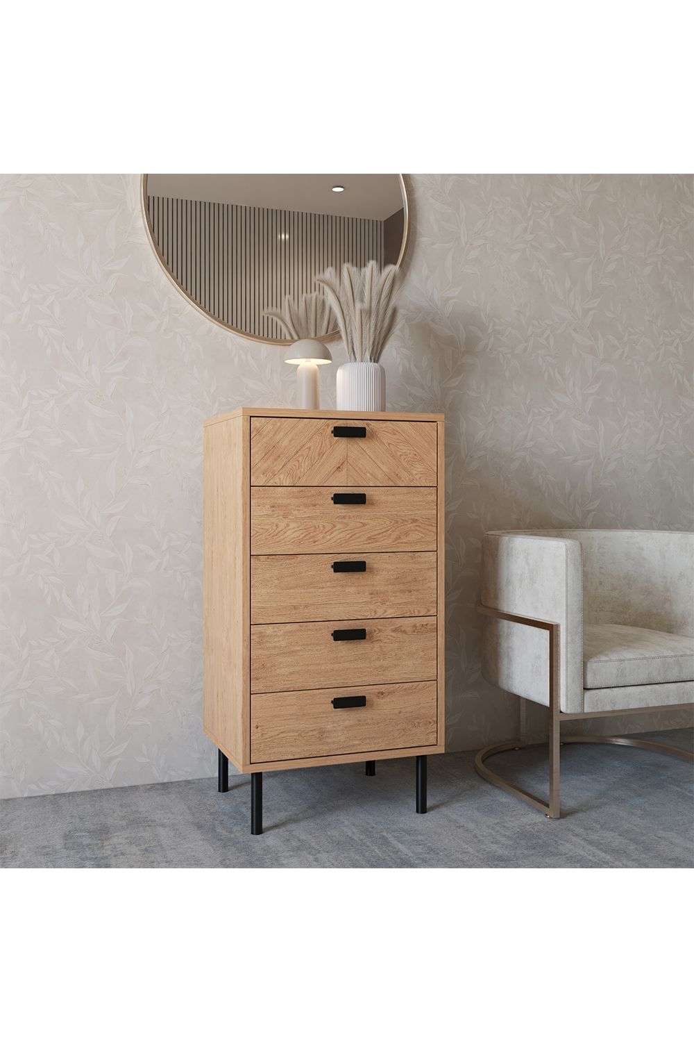 Seconique Leon 5 Drawer Narrow Chest in Natural