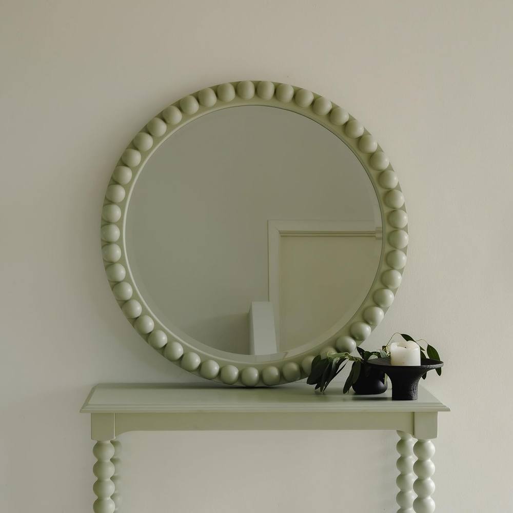 Statement Furniture Cromwell Round Wall Mirror with Bobbin Design Wooden Frame 77cm in Light Green