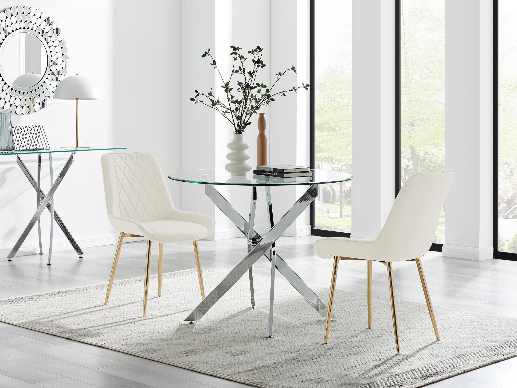 FurnitureboxUK Novara 100cm Round Dining Table & 2 Pesaro Gold Leg Chairs in Cream