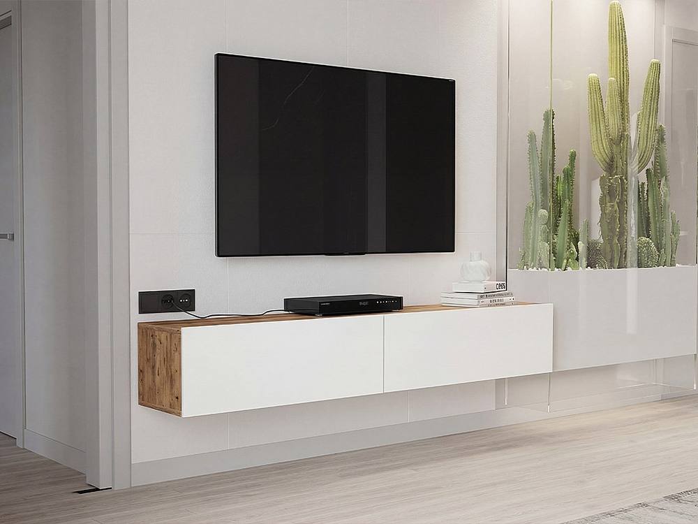 Vente-unique 2 - Door Wall - Mounted TV Unit - White & Natural - AUBEPINA in Light Oak