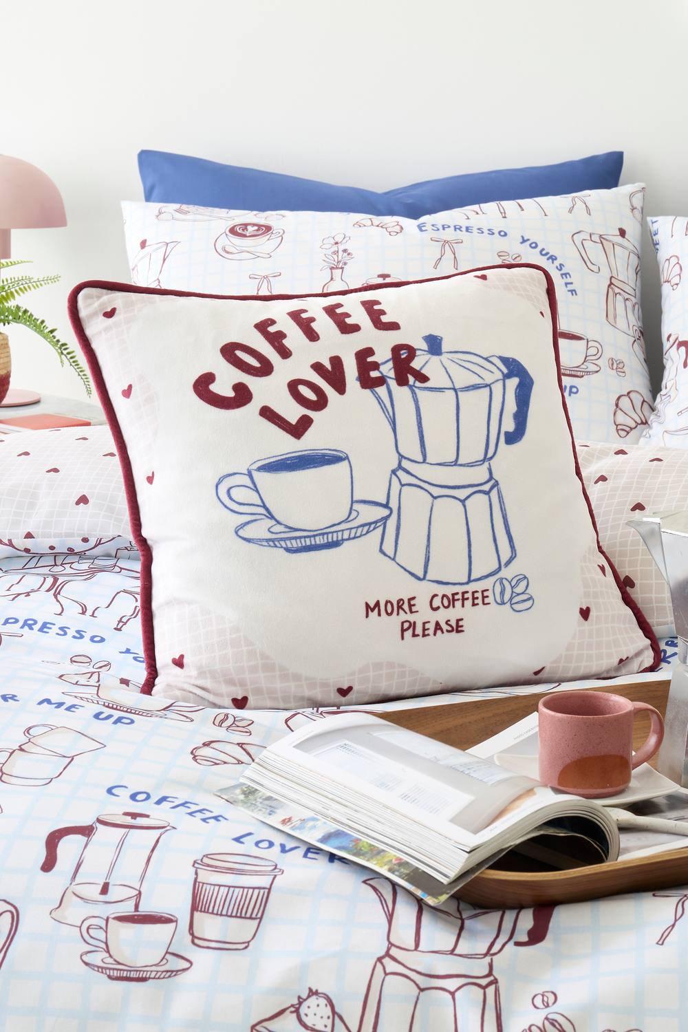 Fusion 'Coffee Club' Velvet Filled Cushion in Blue