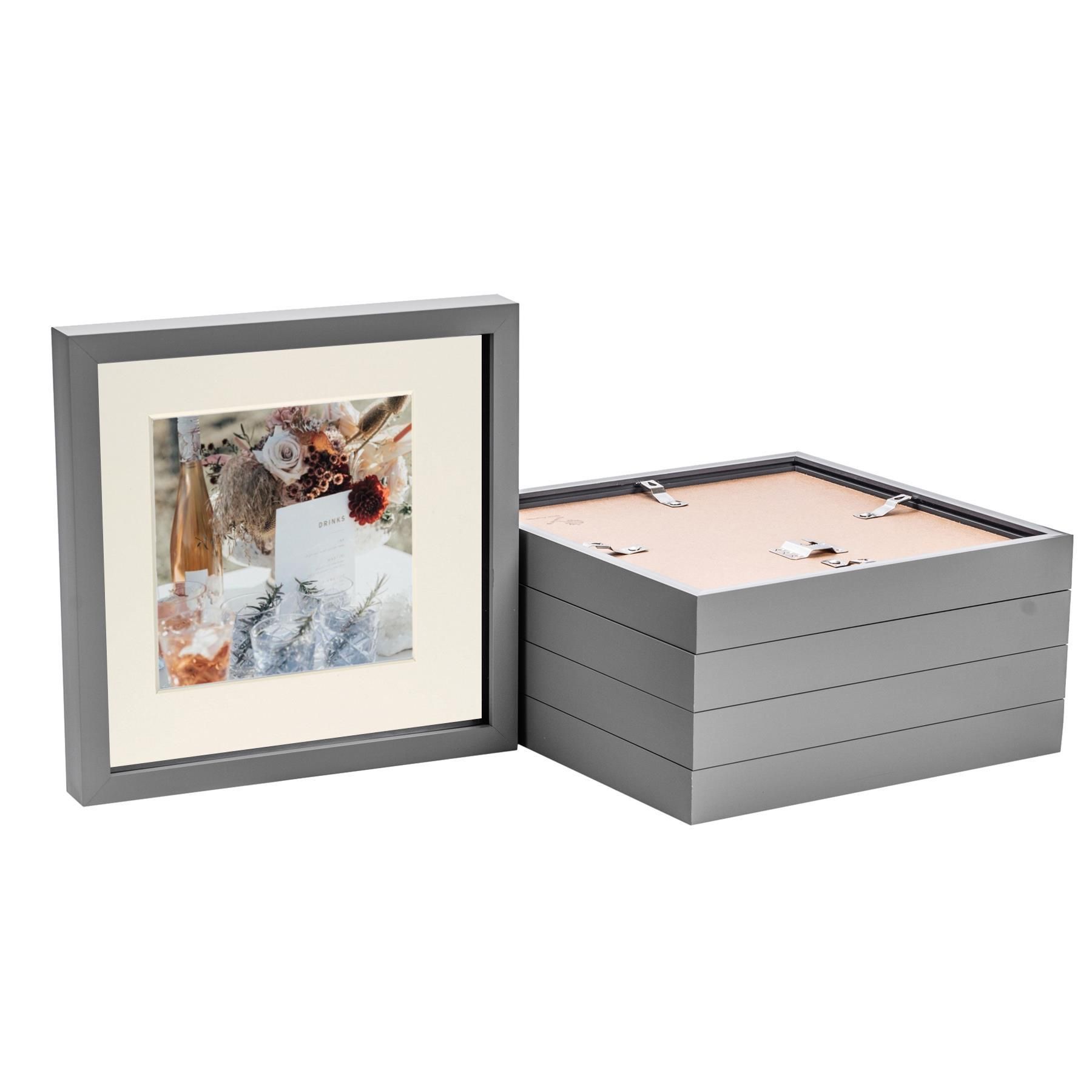 Nicola Spring 3D Box Photo Frames - 10 x 10" with 6 x 6" Mount - White Mount - Pack of 5 in Grey