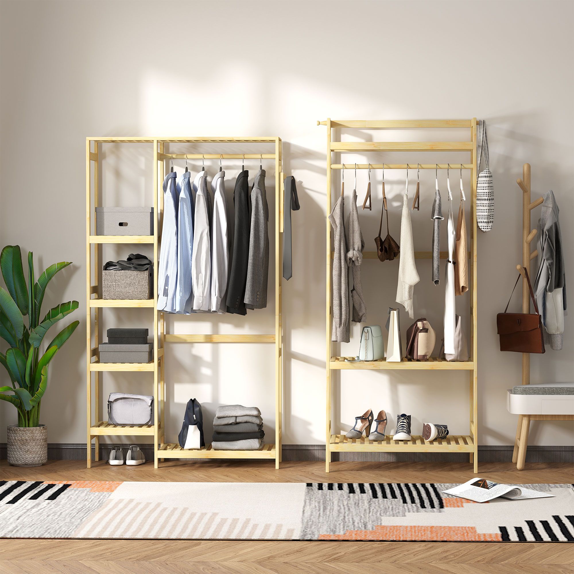HOMCOM Coat Rack Bamboo Garment Rack with Storage Shelf Hanging Rail in Light Brown