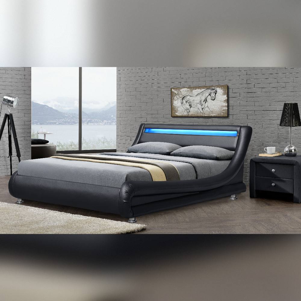 Comfy Living Ltd Italian Style Faux Leather Bedframe With LED Strip in Black