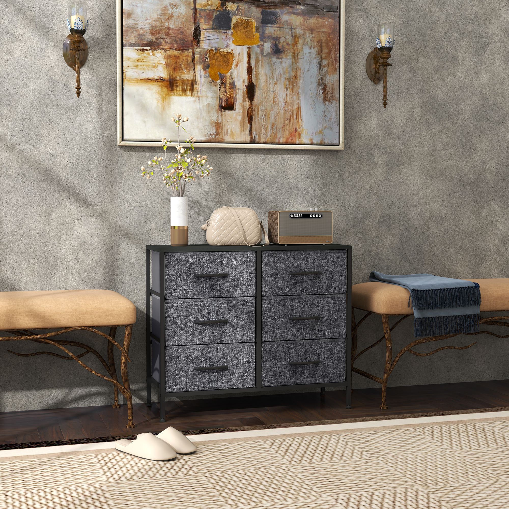HOMCOM 8 Drawer Fabric Chest of Drawers w/ Wooden Top for Hallway in Black