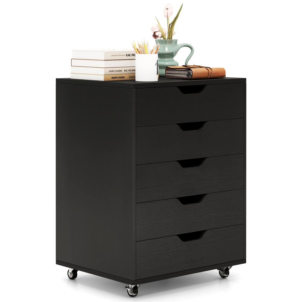 Costway 5 Drawer Rolling Storage Cabinet Mobile Chest of Drawers Wooden Dresser Organizer Coffee in Black