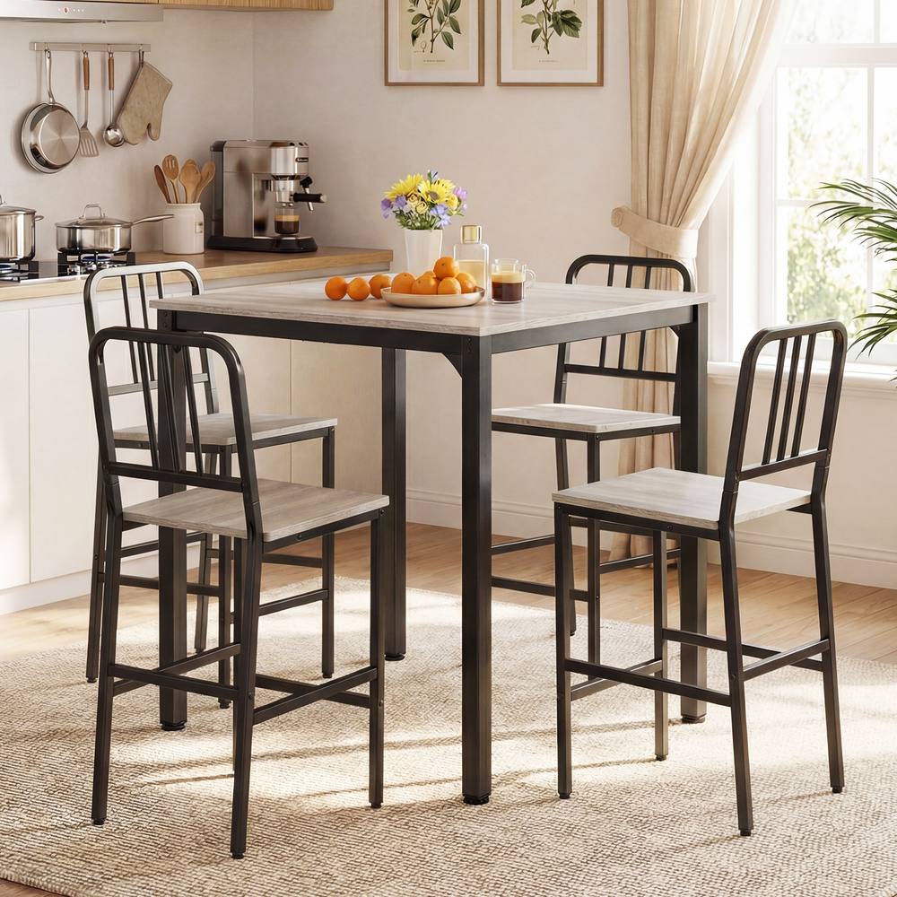 Costway Counter Height Dining Table Set 5PCS Kitchen Bar Table & Chairs Set in Grey