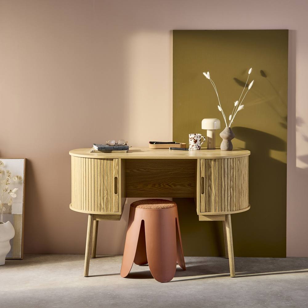 sweeek 120cm Grooved Wooden-effect Oval Desk With Two Storage Spaces in Light Brown